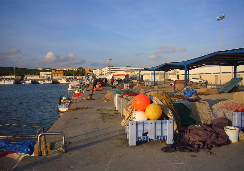 Muelle pesquero y toldo de redes